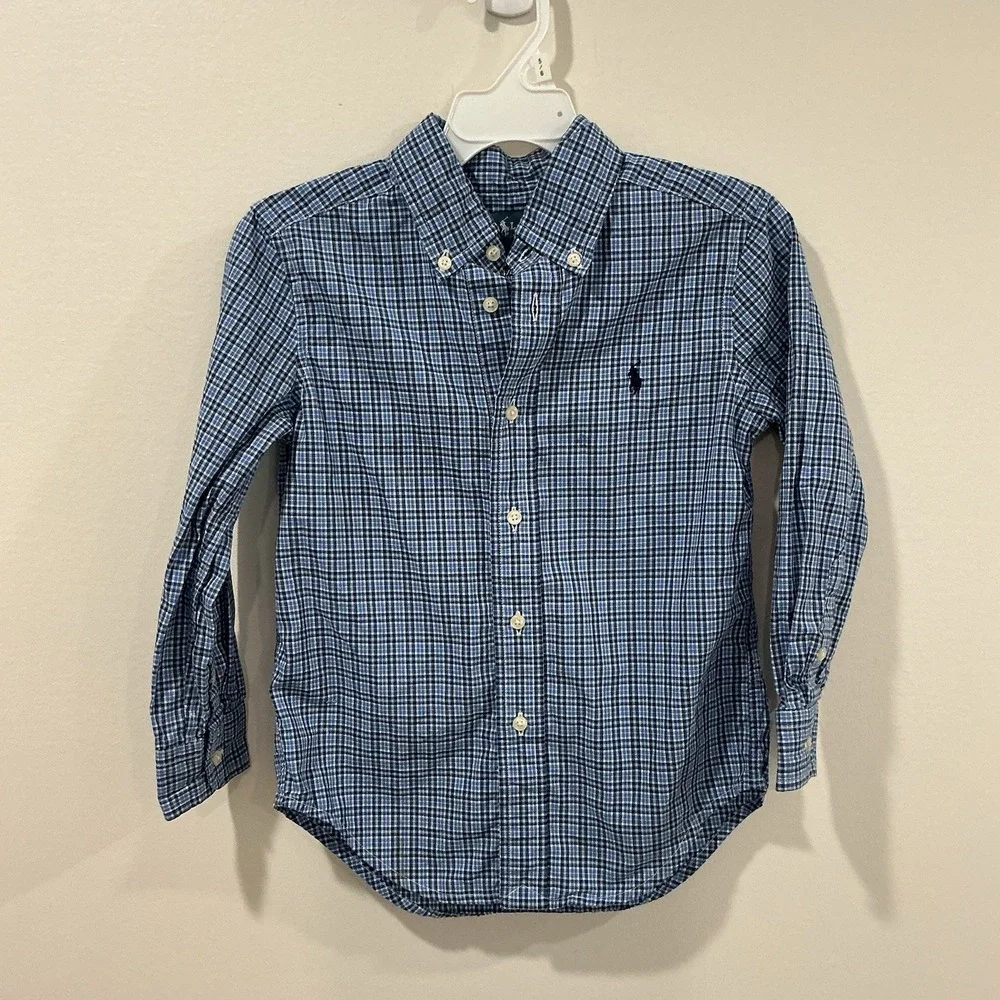 Ralph Lauren Boys Button Down Shirt Lot Of 2 L / S Sz 4 4T Red Blue Plaid Preppy